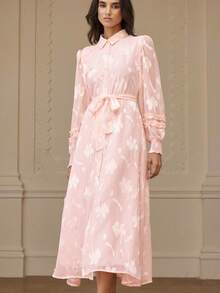 Revavyn 法式束腰系带 Polo 领泡泡袖荷叶边休闲工作服长袖连衣裙 - 粉色 - 查看 5