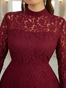 Ellevyn Vestido con adorno de encaje blanco elegante, vestido de manga y bajo con encaje floral de talla grande para mujer en primavera - Burdeos - Ver 3