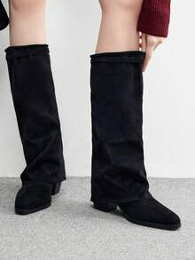 CUCCOO BIZCHIC 女士时尚方头粗跟黑色绒面革宽筒过膝长靴，简约通勤粗跟高筒靴，女士过膝长靴 - 黑色 - 查看 6