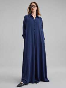 Ontre Bộ đồ liền thân ống đứng rộng rãi, dài tay, thoải mái dành cho nữ, phù hợp mặc hàng ngày, đi biển, đi nghỉ, đi làm, đi làm, đi làm, đi làm, thanh lịch cho tiệc Giáng sinh, tiệc mừng năm mới, kỳ nghỉ bãi biển - Màu xanh hải quân - Xem 7