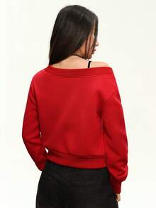 Rina Fox 街头风格涂鸦印花不对称肩部 T 恤女士长袖 T 恤 - 紅色 - 查看 6