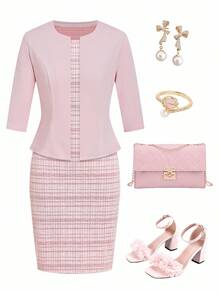 Ellevyn 大码优雅派对纯色上衣和格子连衣裙两件套 - 粉色 - 查看 2