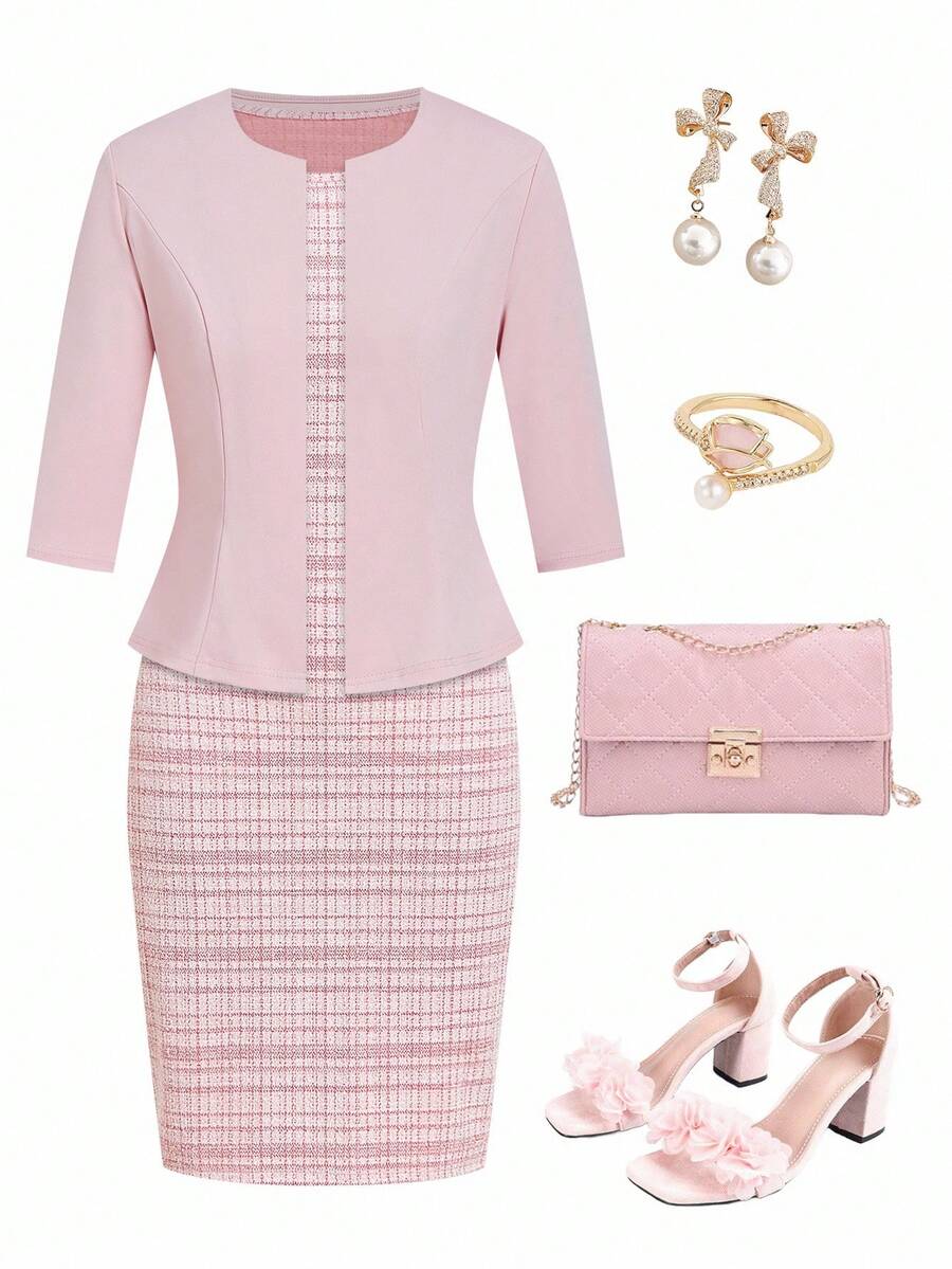 Ellevyn 大码优雅派对纯色上衣和格子连衣裙两件套