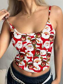 SHEIN EZwear 女士休闲性感雪人驯鹿图案吊带背心，红色，夏季 - 白色 - 查看 5