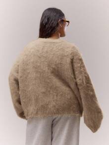 MUSERA 加绒针织V领纽扣开衫，可爱优雅休闲家居服，女士款 - 摩卡棕 - 查看 2