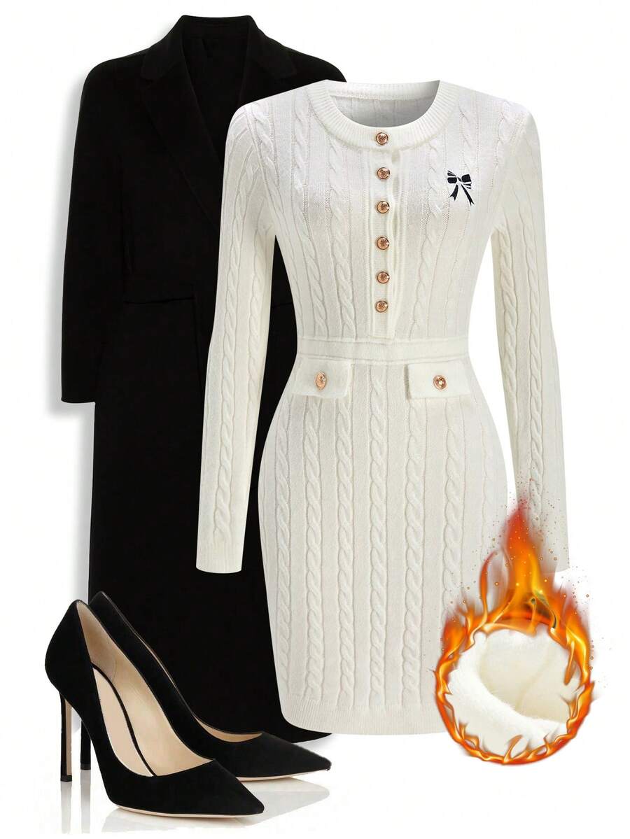 Ellevyn 女士优雅通勤蝴蝶结刺绣修身针织连衣裙