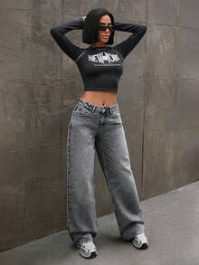 EURMUSE Quần jean ống rộng cạp trễ màu tuyết cho nữ - Xám - Xem 5