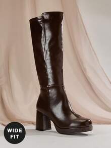 SHUZIA Women's Wide-Calf Glamorous Comfortable Square Toe Oil PU Platform Knee-High Boots With Inner Zipper For Christmas - Brown - View 2