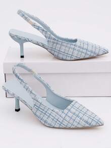 zapatos elegantes mujer tacones mujer Sandalias elegantes de tacón alto para mujer con punta puntiaguda de color sólido, tacones altos a cuadros azules, sandalias de tacón alto con una sola tira envolvente, tacones altos para mujer con diseño de punta puntiaguda, muy adecuadas para amigas, adecuadas para cenas y salidas de vacaciones. - Azul - Ver 7