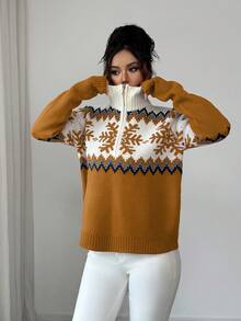 SHEIN Elenzya Sweater Wanita Elegan, Motif Fair Isle, Sweater Resleting Blok Warna, Motif Natal, Sweater Musim Gugur/Musim Dingin - Kuning - View 6