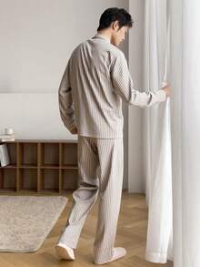 DAZY Men's Autumn Letter Embroidered Shirt And Striped Apricot Loungewear Set, Fall & Winter Clothes