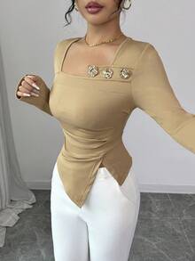SHEIN Elenzya 女士优雅卡其色金属花朵装饰休闲衬衫，适合秋季/日常穿着 - 卡其色 - 查看 4
