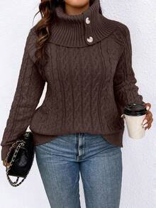 Calvaya Plus Size Women Cable Pattern Long Sleeve Casual Turtleneck Sweater, Autumn/Winter - Coffee Brown - View 7