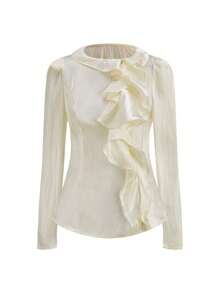 Ellevyn Women's Solid Color Ruffle Trim Long Sleeve Elegant Blouse White Christmas Winter Blouse  New Year  Thanksgiving Party Elegant Luxury