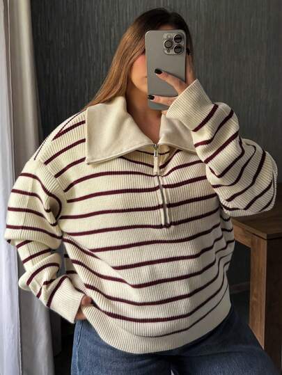 Dazy Plus 时尚休闲半拉链高领宽松针织毛衣，街头风格大码女式套头衫，秋冬