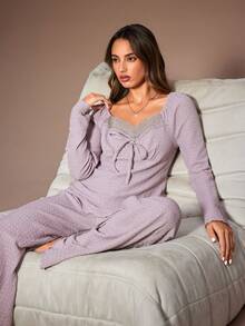 Lazeform Conjunto de pijama casual de mujer de 2 piezas con parches de encaje y punto, conjunto de ropa de estar en casa con top de manga larga y pantalones, ropa de invierno