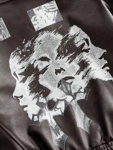 ROMWE MEN Casual Men's Fashionable Figure Print Lapel PU Jacket, Autumn - Brown - View 6