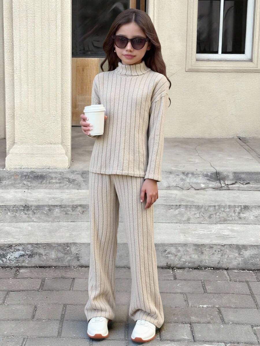 SHEIN مجموعة ملابس علوية كم طويل رقبة عالية مضلع مناسب وبنطال ساق واسعة مريح للفتيات المراهقات، للعودة إلى المدرسة، للارتداء اليومي أو التنسيق مع طبقات أخرى - كاكي - مشاهدة 1