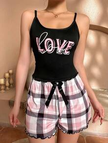 SHEIN Text & Plaid Print Cami Top And Shorts Pajama Set - Multicolor - View 3