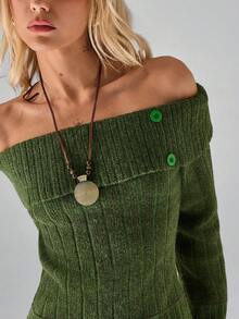 SHEIN TRNDY 1pc Women's Green Sweater, Vintage Button Design Off Shoulder, Contrast Color Flare Sleeve, Textured Elastic Long Sleeve Casual Pullover For Autumn/Winter - Green - View 7