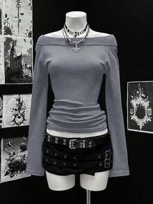 EgrlEra 女士纯色露肩长袖荷叶边时尚毛衣，秋冬季 - 灰色 - 查看 3