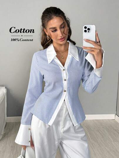 SHEIN LUNE Fall Winter 2025 Women Elegant Women's Blouses Women's Striped Single-Breasted Long Sleeve Patchwork Shirt Metal Button Elegant Blouses For Women Going Out Top Stylish Women's Blouses Casual Blouses For Ladies New Blouses For Women Autumn/Winter Long Sleeve Waist-Cinched Striped Patchwork Fashion Shirt Business Casual For Women Women's Social Blouse