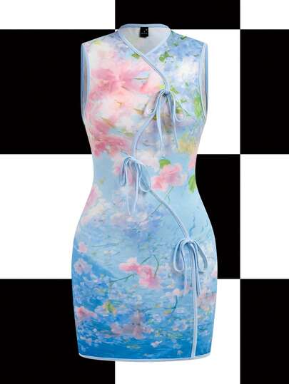 Y2Kool Maria Clara Maia Vestido de mujer estilo cheongsam azul con estampado floral subacuático, nuevos elementos florales orientales chinos, vestido mini casual y sexy con efecto tie-dye y parches, vestido pastel, vestido gráfico, vestido ajustado, vestido rosa y azul, colección de ropa de mujer de moda, nuevos atuendos de Año Nuevo