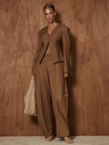 MUSERA Low V-Neck Structured Padded Shoulder Cinched Waist Blazer Only Cute Date Night Going Out Autumn Fall Night Out Work Clean Cut Winter Party Spring - Chocolate Brown - View 4