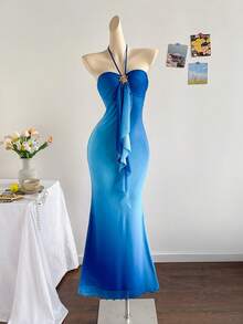 Soleia 女士度假针织网眼渐变浪漫修身挂脖系带金属扣装饰鱼尾长裙，适合派对、约会、下午茶，性感优雅 - 藍色 - 查看 7