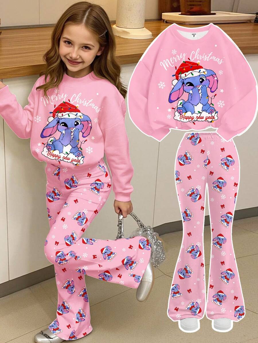 Bộ đồ 2 món cho bé gái tuổi teen, gồm áo nỉ rộng cổ tròn in chữ hình thỏ xanh hoạt hình màu hồng, thích hợp cho tiệc Giáng sinh, phong cách đường phố, trang phục thường ngày. - Nhiều màu - Xem 1