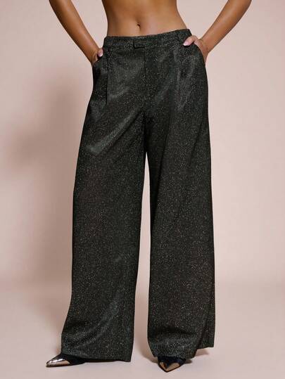 SHEIN BAE Women's Pleated Wide-Leg Loose-Fit Shiny Trousers (With Pockets) Autumn/Winter Style Suitable For Romantic Dates, Commuting To Work, Outings, Formal Dinners, And Cocktail Parties Women's Suit Pants  Halloween Costume Women