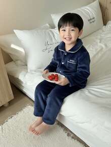 Genkimix Kids 2 件装年轻男孩纯色毛绒长袖衬衫和裤子休闲舒适家居服套装 - 藍色 - 查看 3