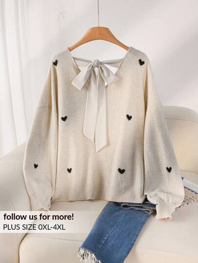CosyJoli Plus Size Casual Heart Pattern Beige V-Neck Backless Sweter