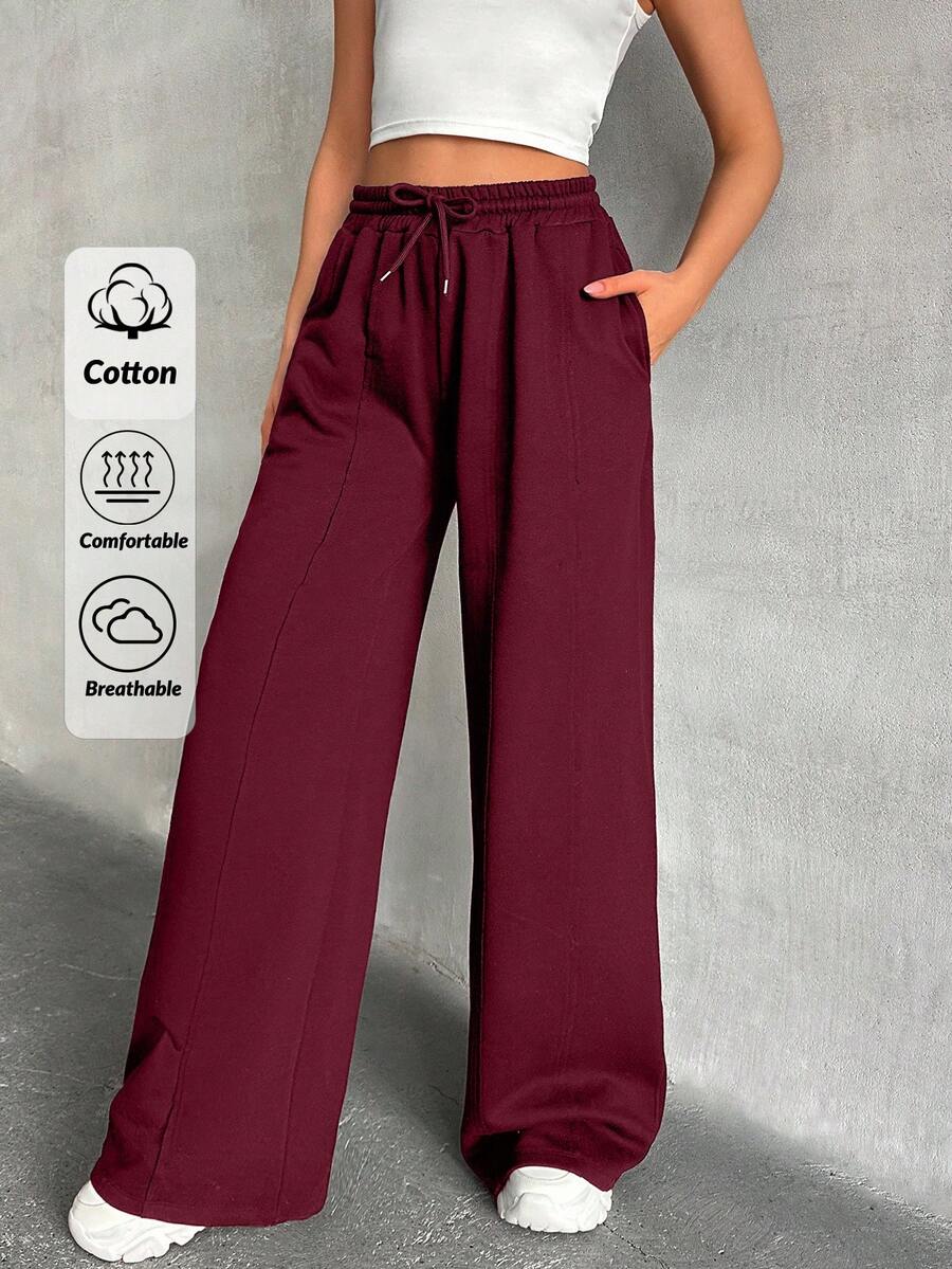 EURMUSE Women Loose Fit Front Stitch Detailed Sweatpant Pant - Burgundy - View 1