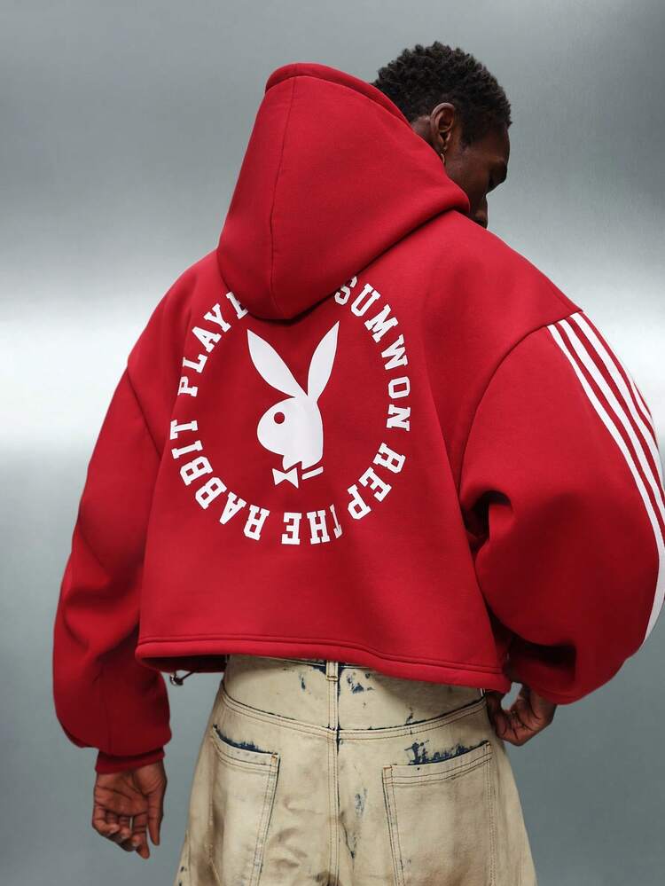 PLAYBOY X SUMWON Cropped Hoodie With Drawstring And Striped Sleeves