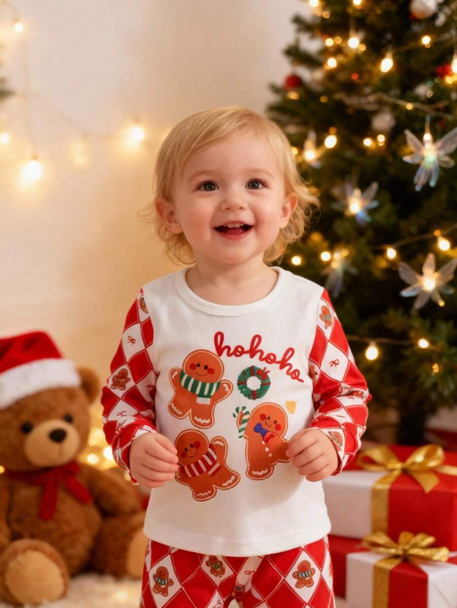 女婴贴身柔软磨毛1x1罗纹针织长袖圆领上衣和锥形腰裤套装 - 紅色 - 查看 1