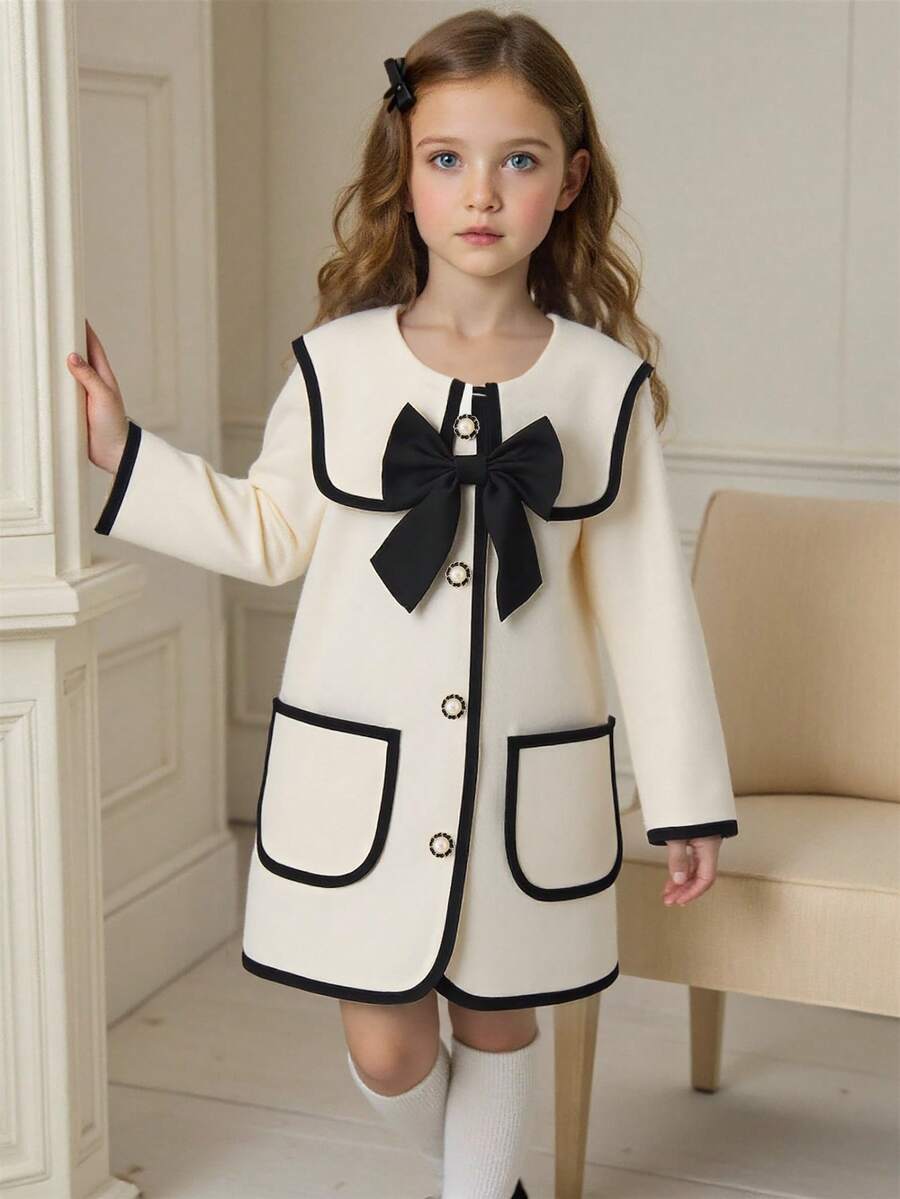 Elladie kids Young Girls Woolen Cardigan Jacket, Fashion Drawstring Decor 3D Bow Accent With Pearl Buttons, Suitable For Vintage, Elegant And Cute Daily Wear - Apricot - View 1