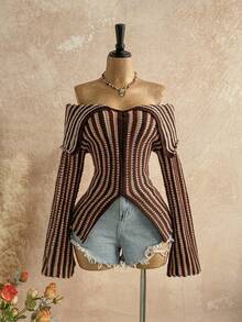 Soleia 女式度假休闲条纹露肩针织上衣 - 咖啡棕 - 查看 5