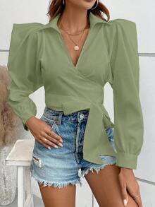 SHEIN LUNE 泡泡袖结饰侧裹式女式衬衫 - 綠色 - 查看 5
