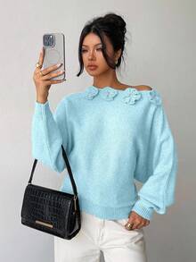 Selianne Women's Elegant Floral Rhinestone Decor Asymmetric Shoulder Solid Color Sweater - Baby Blue - View 4