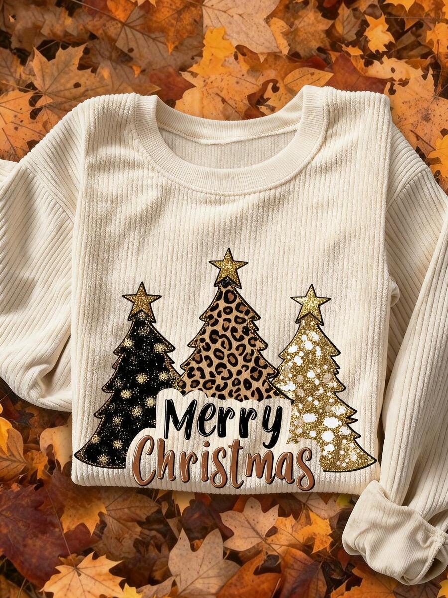 EMERY ROSE Christmas Pattern Print Fashionable Minimalist Women's Regular Crew Neck Corduroy Long Sleeve Sweatshirt, Gift For Friends, Autumn/Winter - Khaki - View 1