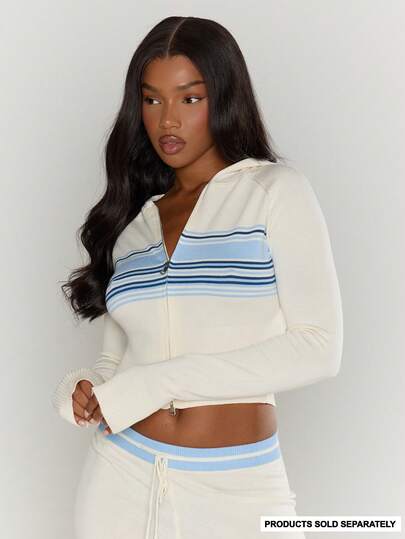 MUSERA Knit Striped Fitted Hoodie Tracksuit Top Only Winter Cosy Casual Loungewear Evening Party Elegant Spring Sweater