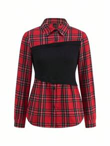 Gownix Plus Size Women's Black And Red Plaid Patchwork Shirt&Pants 2 Pieces Set,Chic Autumn Office Back-To-School Elegant Christmas New Year Party Clothes - Multicolor - View 10