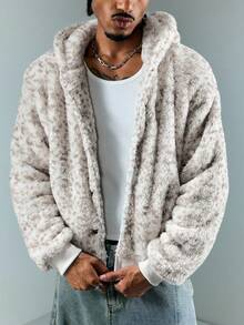 ROMWE MEN Street Life Men's Reversible Fleece Hooded Sweatshirt, Long Sleeve Top - Beige - View 6