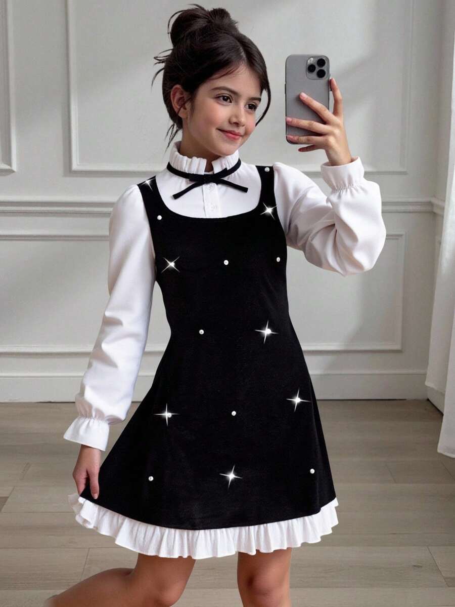 Sparklyn 女童拼色蝴蝶结装饰高腰连衣裙，二合一设计女童休闲简约舒适拼色泡泡袖连衣裙 - 黑與白 - 查看 1