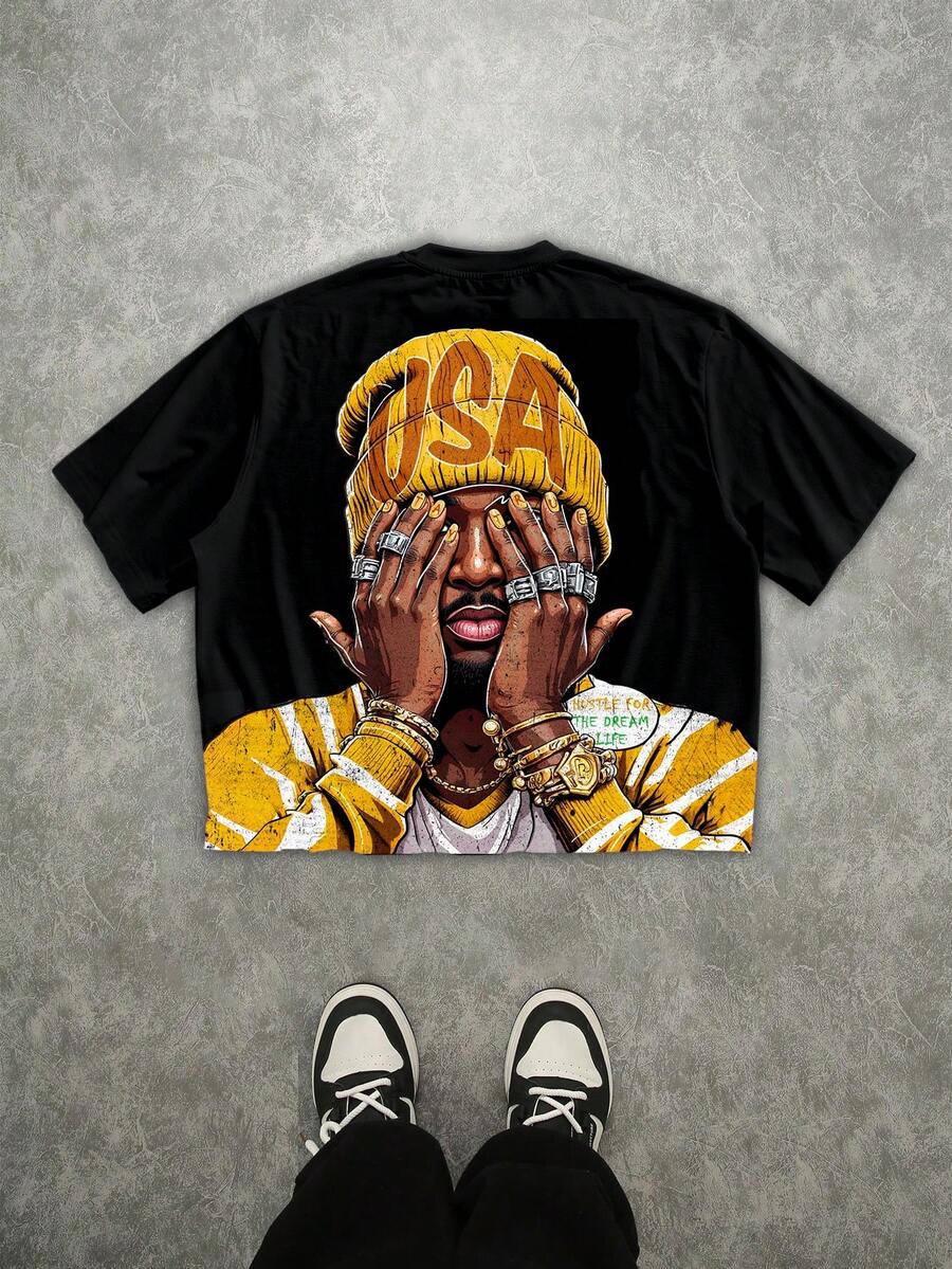 Manfinity EMRG Men's Casual Fashionable Street Graphic Print Short Sleeve Cropped Loose T-Shirt, Summer Rapper Graphic Tees - Yellow - View 1