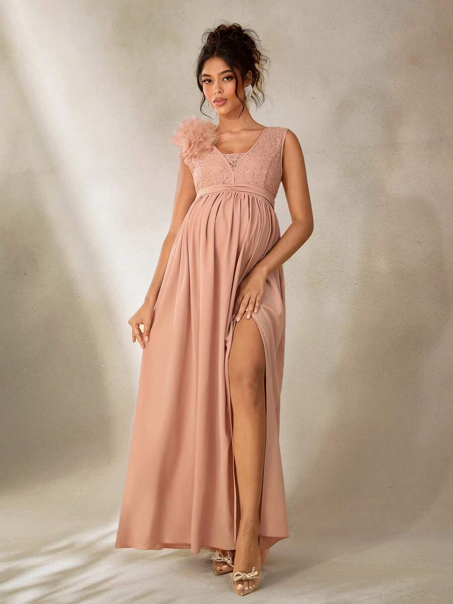 Cheriluna Maternity 纯色印花亮片蕾丝网纱手工花朵长款无袖V领连衣裙，适合孕妇写真、派对等场合，闪亮亮片连衣裙/优雅派对连衣裙/粉色连衣裙/花朵连衣裙 - 粉色 - 查看 1