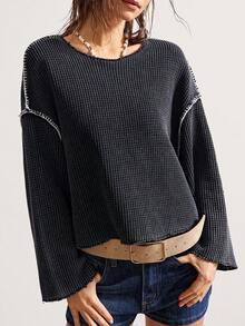 Bohemela 女士休闲纯色针织宽松落肩长袖T恤 - 黑色 - 查看 4