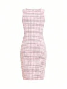 Ellevyn 大码优雅派对纯色上衣和格子连衣裙两件套 - 粉色 - 查看 8