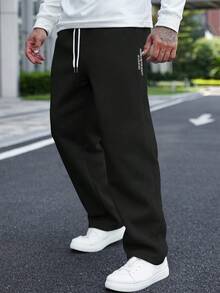 Manfinity Homme 男士字母印花抽绳腰口袋宽松休闲运动裤 - 黑色 - 查看 3